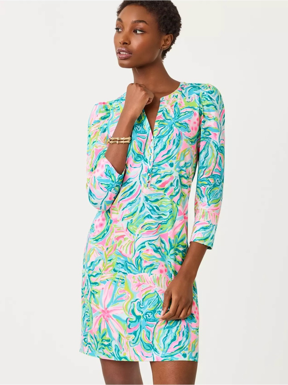 Lilly Pulitzer Pink, Aqua & Green Tropical Print Shift Dress